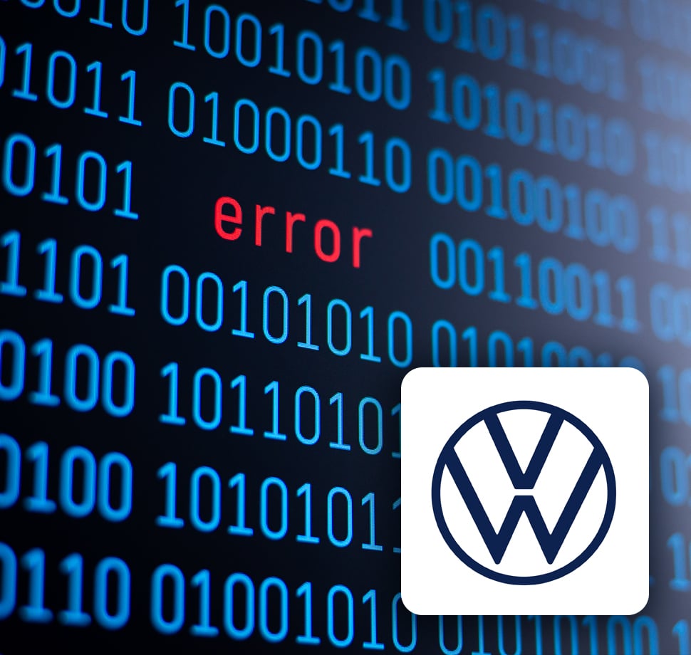 Ein Binärcode mit einem Error dazwischen ist zu sehen. Zusätzlich ein VW Logo.