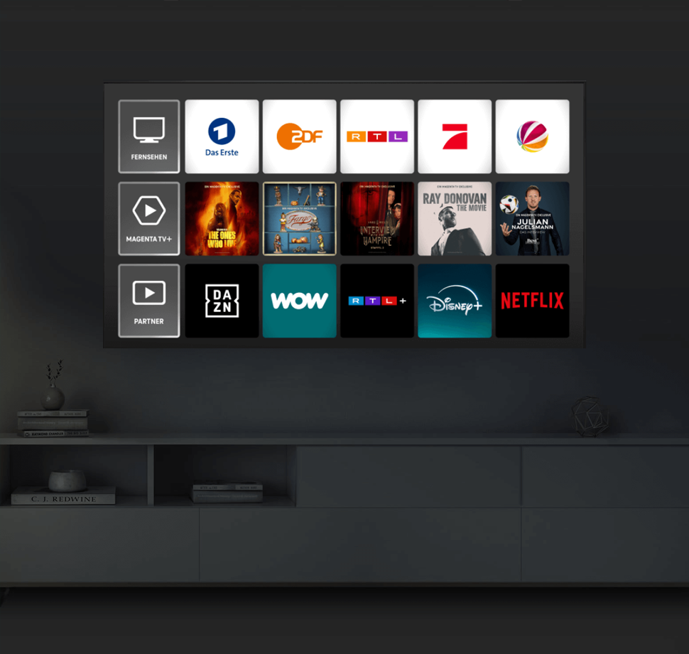 Fernseher auf dem Symbole für verschiedene Fernsehsender abgebildet sind.