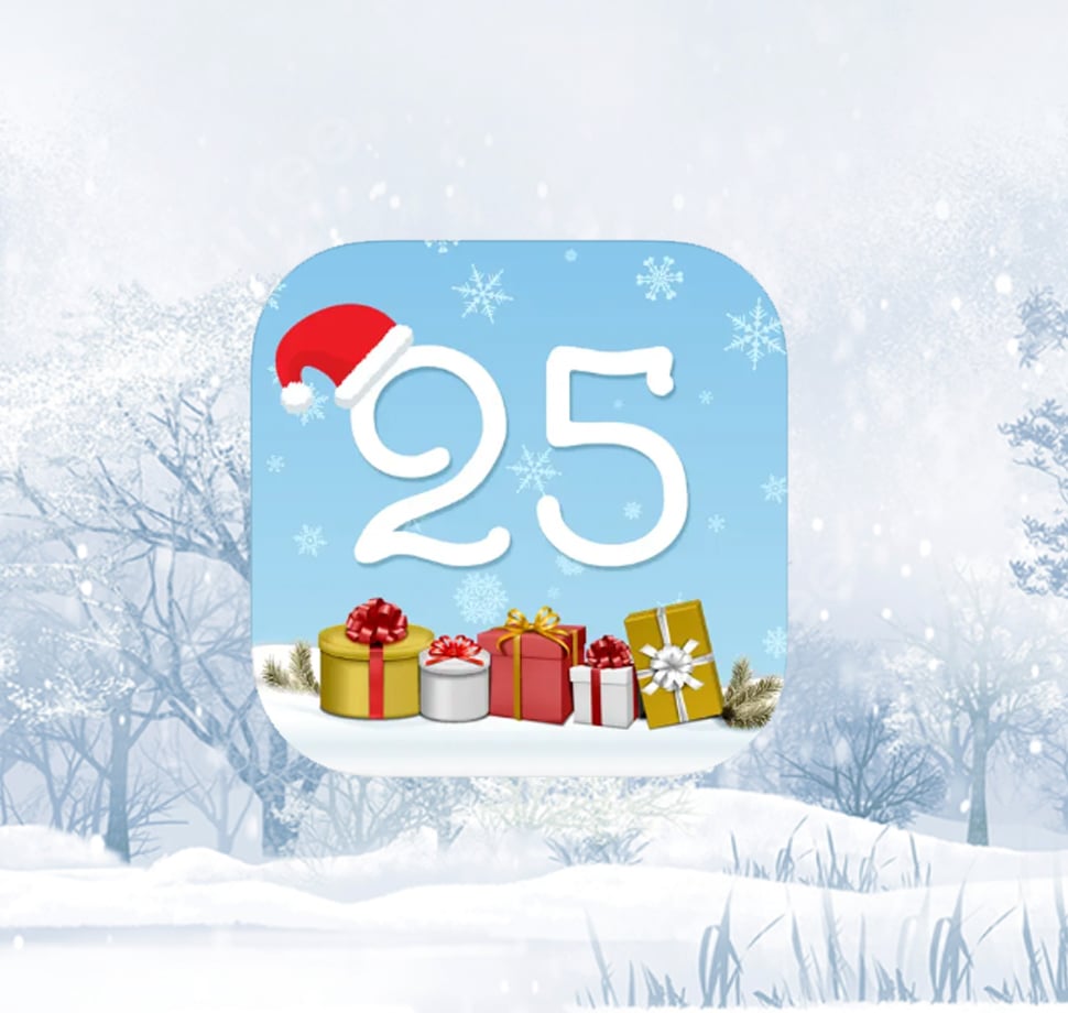 Das App Icon von Christmas Countdown.
Eine 25 mit einer Weihnachtsmütze und Geschenken darunter.