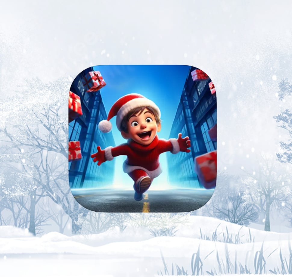 Das App Icon von der App Christmas Game: Frosty World. Ein kleiner Junge in einem Weihnachtskostüm, um ihn herum schweben Geschenke.