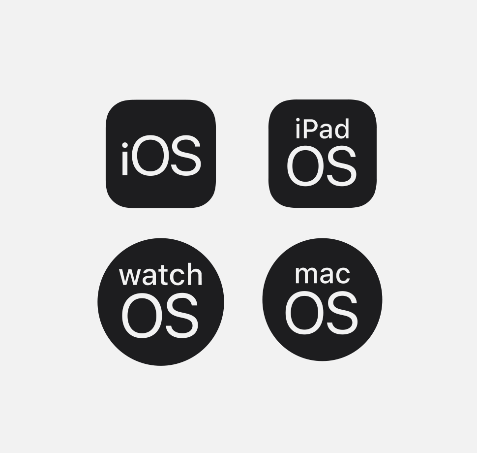 iOS, iPadOS, watchOS, macOS geschrieben. Alle in weißer Schrift auf schwarzem Grund in geometrischen Formen. Diese befinden sich auf einem Hellgrauen Hintergrund.