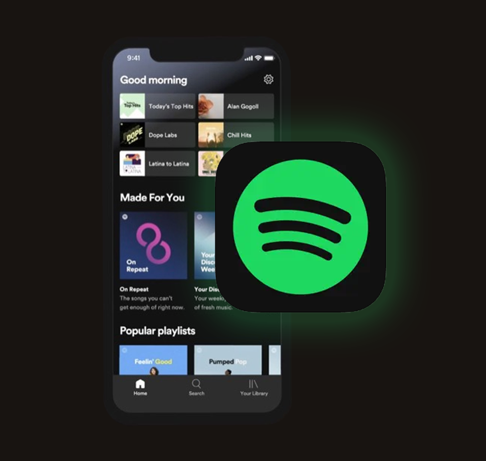 Spotify App Icon und die App im Hintergrund.