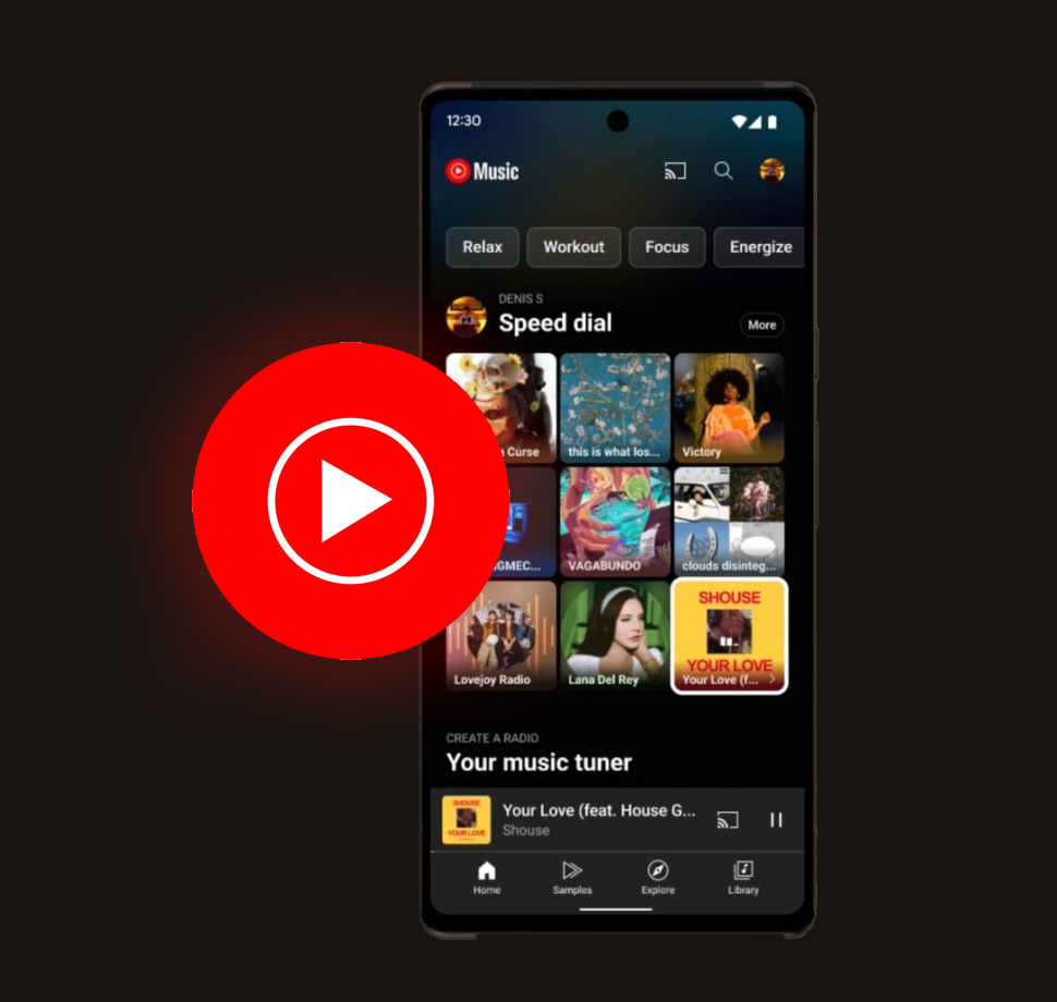 Youtube Music App Icon und die App im Hintergrund.